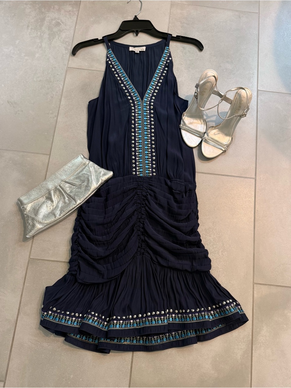 Ramy Brook Navy Beaded V-Neck Sleeveless Mini Dress